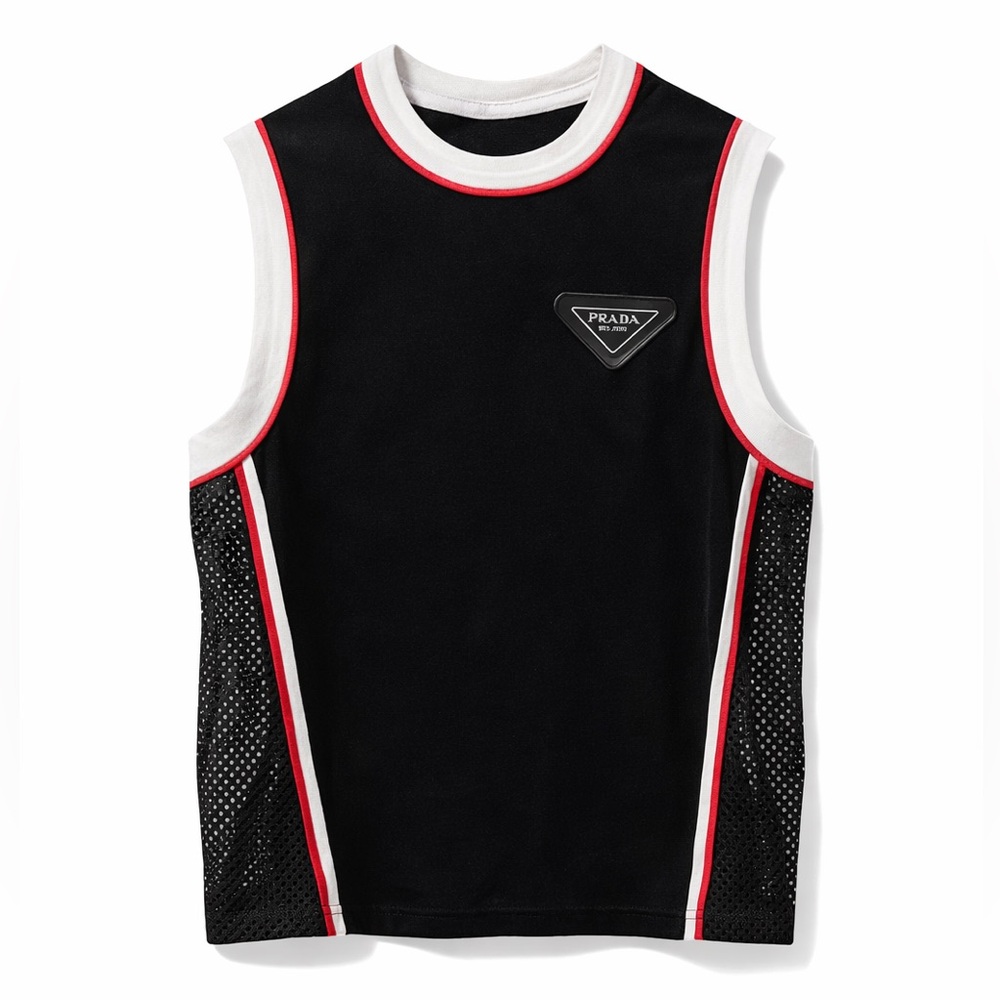 Prada Logo Plaque Mesh Panel Jersey Top